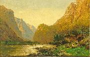 Carl jun. Oesterley Carl Oesterley jr. Romantische Flusslandschaft mit Personenstaffage an einem prachtvollen Sommertag USA oil painting artist